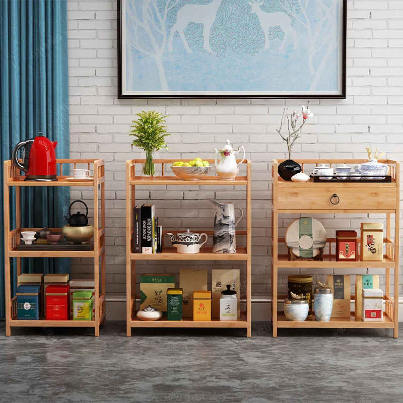 Bamboo and wood shelves, movable living room floor-to-ceiling bamboo cart, kitchen storage cabinet, multi-layer simple tea shelv