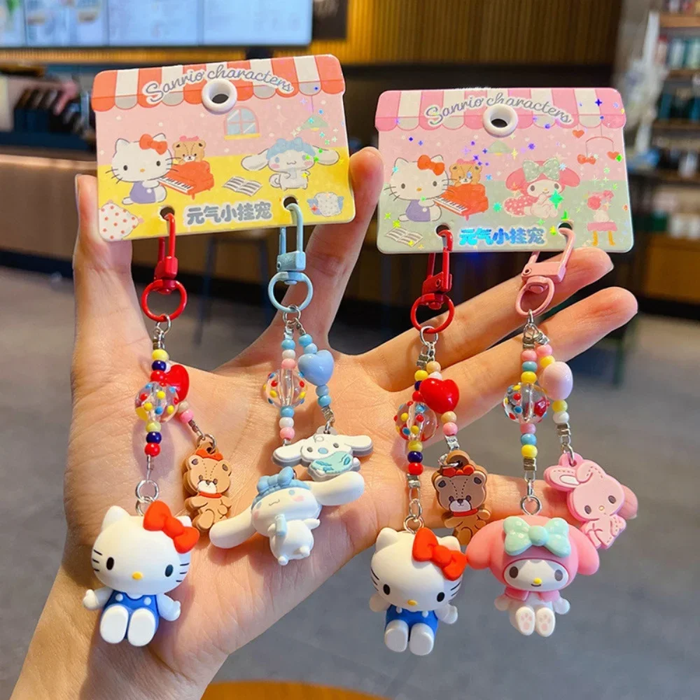 Porte-clés de dessin animé, mignon, Hello Kitty, My Melody, Cinnamoroll, pendentif perlé, figurine d'anime kawaii, anneau de clés, breloque de sac, cadeau pour filles