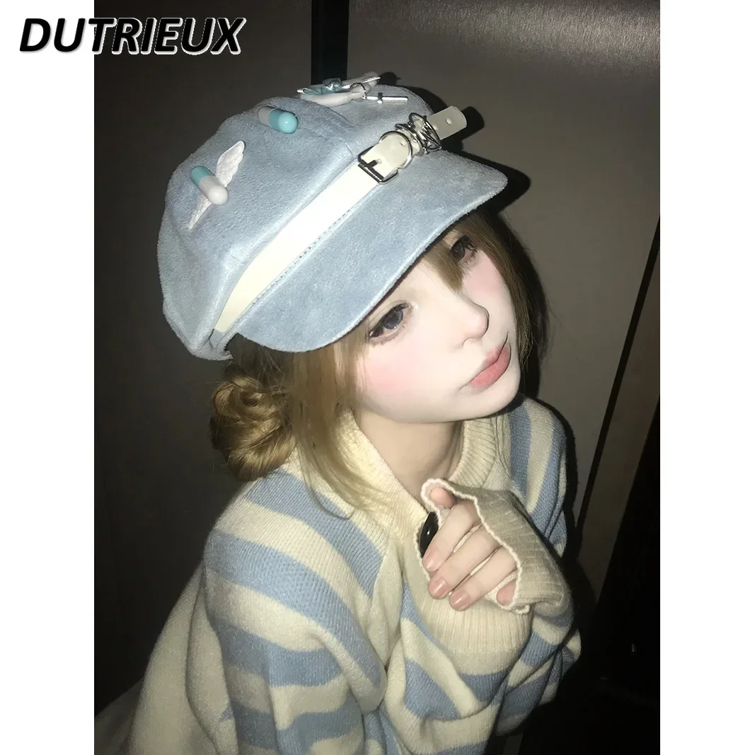 Ladies Berets Subculture Angel Wings Casual Hat Female Simple Cross Sweet Cute Beret Y2K Japanese Style Fshion Women's Hats