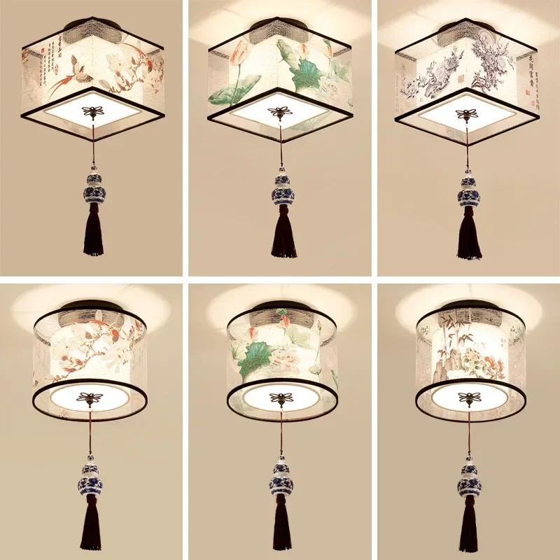 New Chinese Chandelier Lustre Ceiling Lamp Simple Corridor Chinese Painting Ceiling Lights Creative Suspendu Lotus Led Lighting