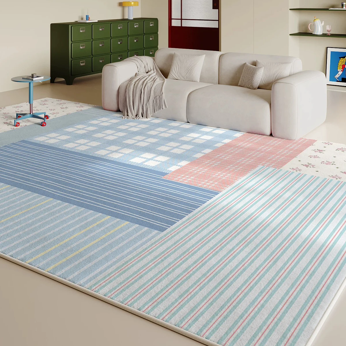 Living Room Floor Mats Striped Color Blocking Large Area Rug Bedroom Mat Foldable Machine Washable Non-slip Carpet Home Decorate