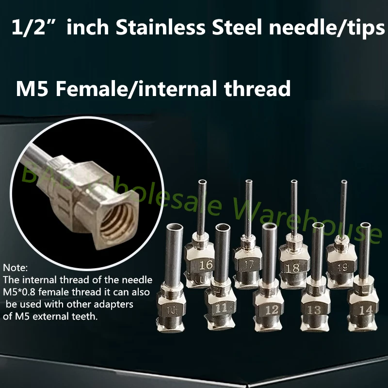 

12pk 1/2 inch M5 female/internal thread 12g to 21g all metal tips Stainless Steel steel needle glue syringe dispenser needles