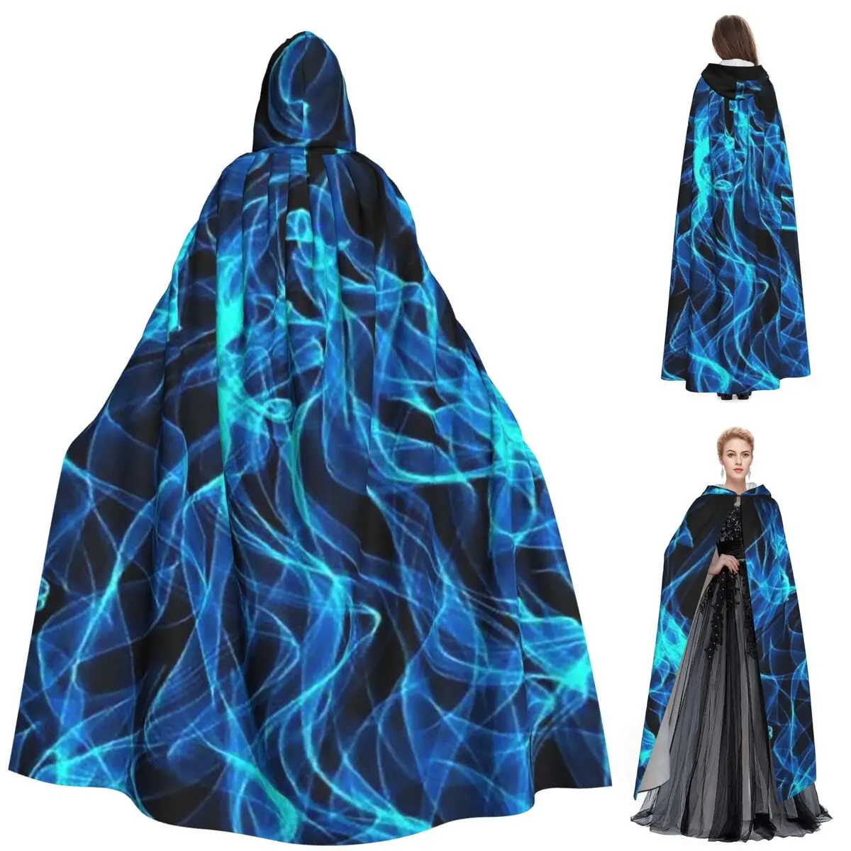 Blue Fire Texture Long Hooded Cloak Witch Medieval Costume Cosplay Cape HalloweenVampire Adult Unisex