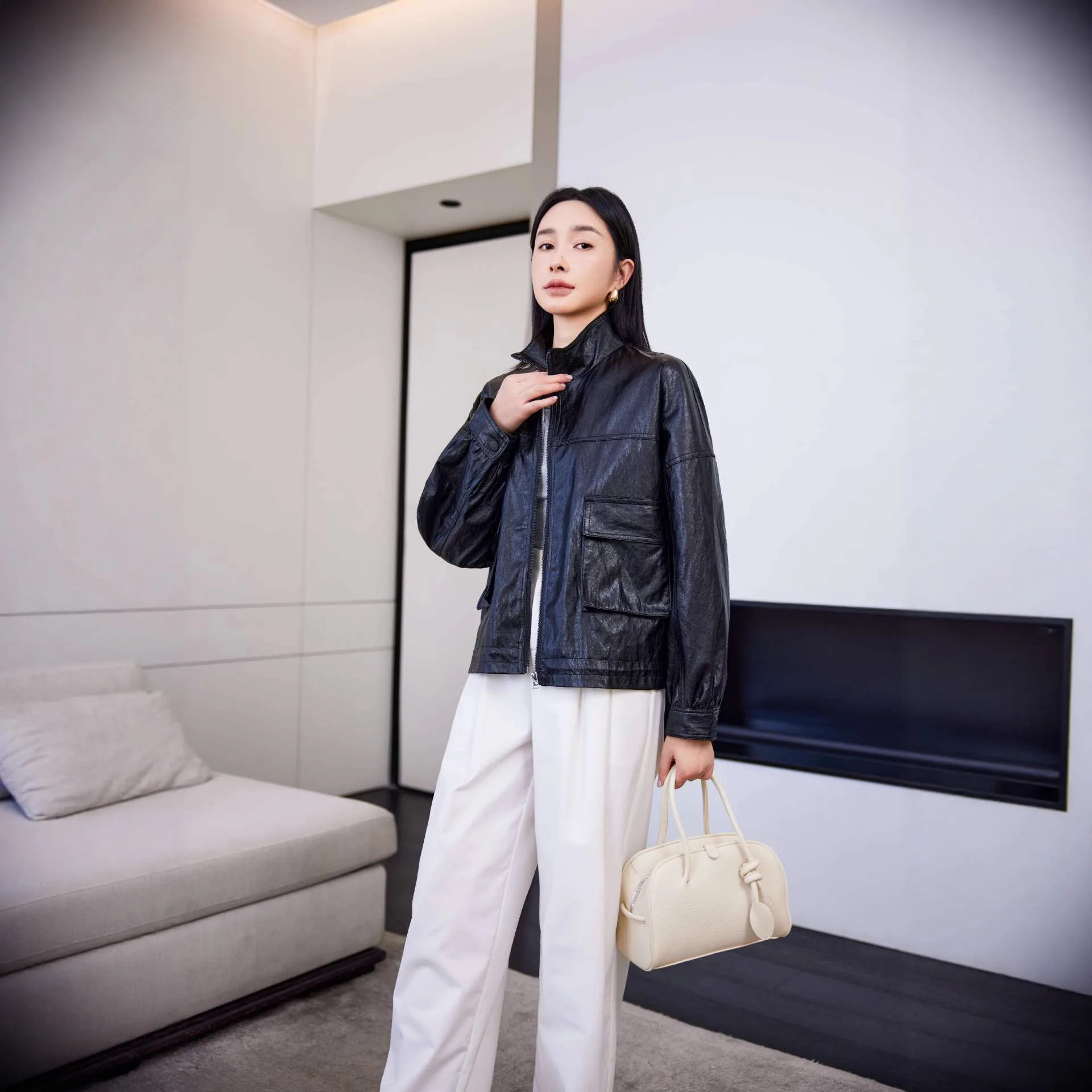 فو بولي معاطف معاطف جلدية النساء الصلبة جاكيتات جيب سستة الوقوف طوق طويلة الأكمام فضفاضة عادية مكتب سيدة 2025 ربيع الخريف #6