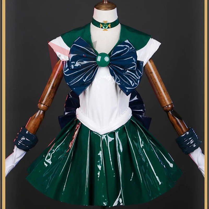 

New Anime Kaiou Michiru Sailor Neptune Cosplay Costume Leather Skirt Jumpsuit Gloves Necklace Set Custom Made