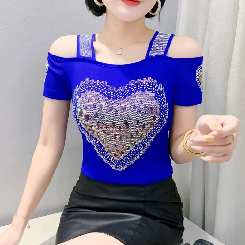 2025 ropa europea, camiseta de malla para mujer, nueva moda elegante de verano, Top con diamantes brillantes, camisetas sexis con hombros descubiertos para chica