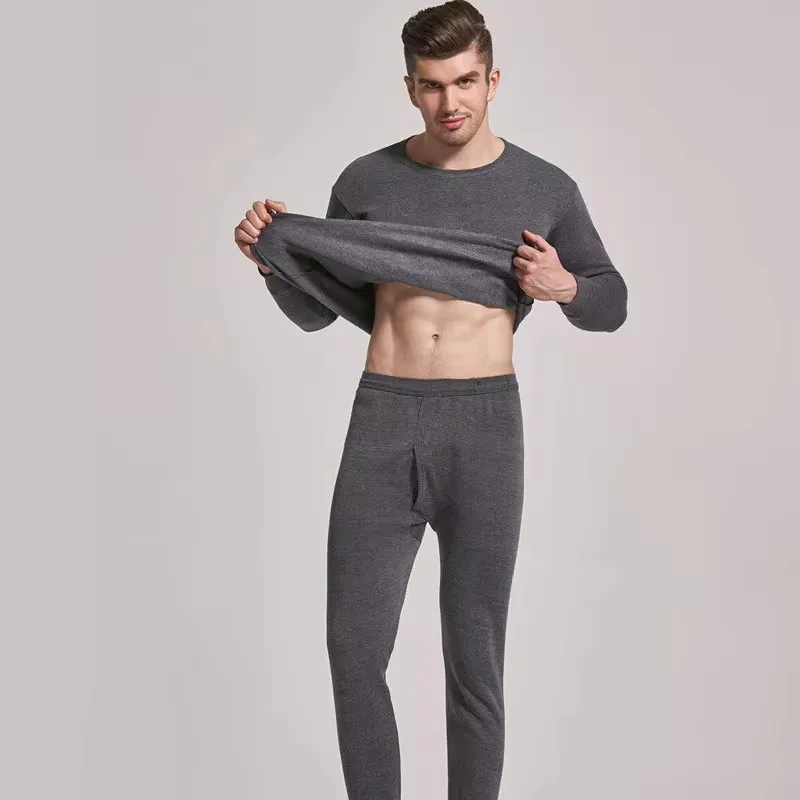 Men\'s autumn and winter velvet pajama set solid color thermal underwear round neck fleece thick pajama pajama pants