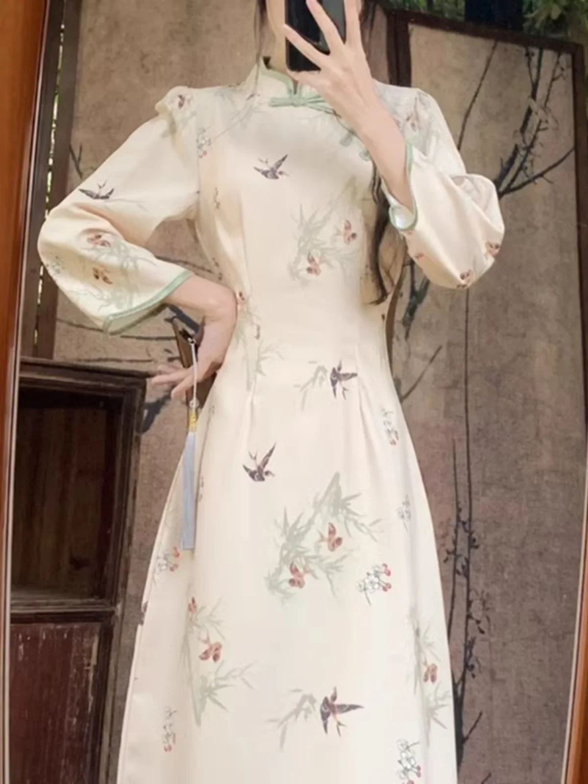 Autumn cheongsam dress New Chinese dress with Hanfu dress temperament elegant A-line skirt (Max size 4XL)