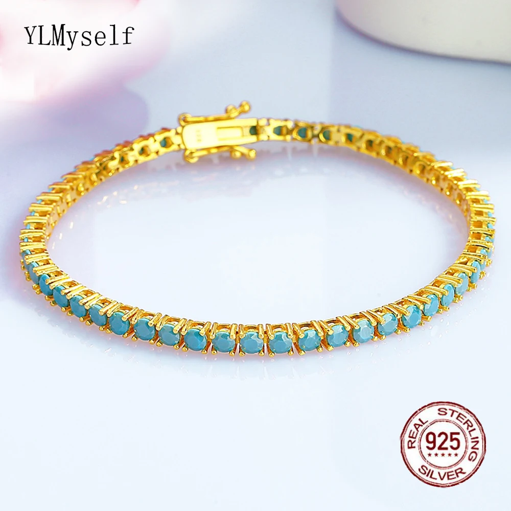 

YLMyself Tennis Bracelet 925 Sterling Silver Gold/Rhodium Plated 3mm Turquoise Stone For Women Wedding Gift Jewelry