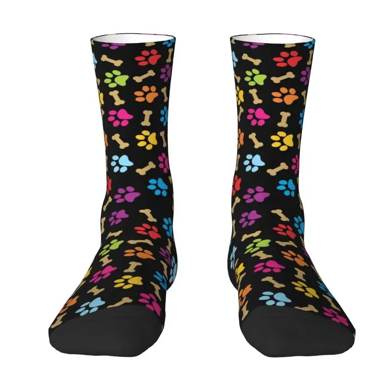 Colorful Dog Paw Print Pattern Mens Crew Socks Unisex Novelty Spring Summer Autumn Winter Dress Socks