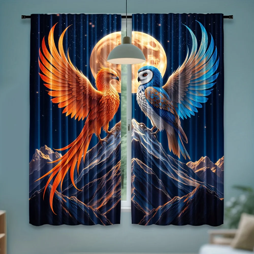 Phoenix and Moon and Sun Couple Pattern Print Drapes Room Darkening Window Curtains for Home Decor,Rod Pocket Blackout Curtains