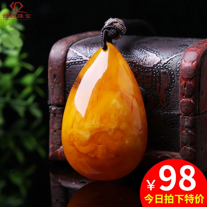 Old Beeswax Pendant Men's and Women's Yellow Chicken Grease Amber Water Drop Sweater Chain Long Safety Square Plate Pendant Ethn