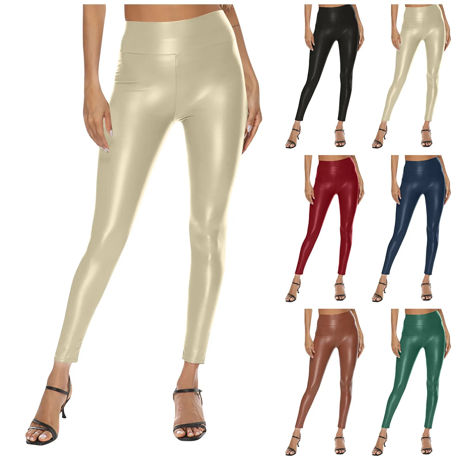 Pantalones de cuero informales elásticos de cintura alta para mujer, pantalones pitillo con realce de cadera, mallas ajustadas, pantalones de Yoga elásticos