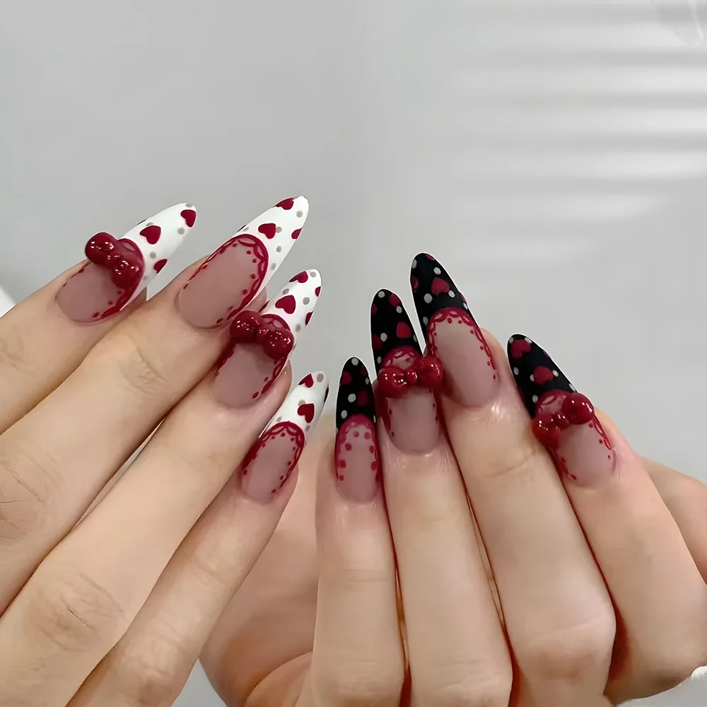 New Year Red Bow Handmade Press on Nails Black White French Fake Nails Love Valentine's Day Gift for Girl False Nails Patches