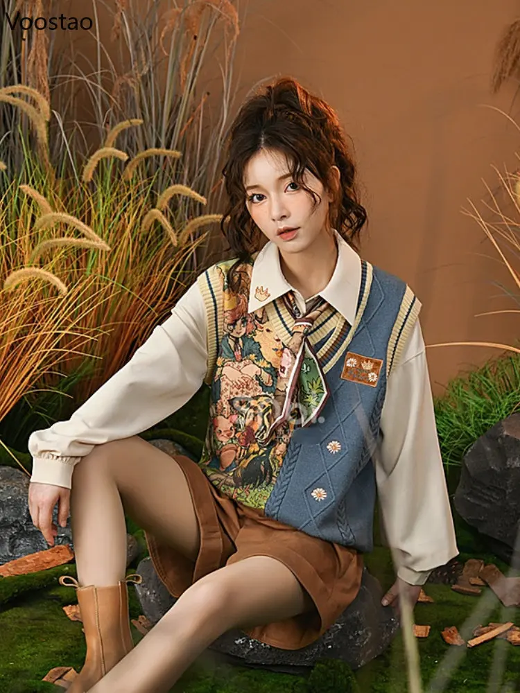 Vintage Sweet Sweater Vest Spring Autumn Women Casual Cartoon Jacquard Knitted Jumpers Tops Female V-Neck Waistcoat Knitwear