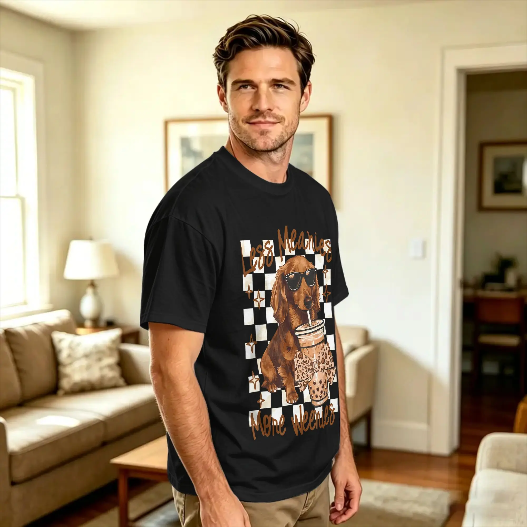 Vintage T-Shirt Less Meanies More Weenies Dog Dachshund Drinking Iced Coffee Cotton T-Shirts  Hipster Tshirt for Men