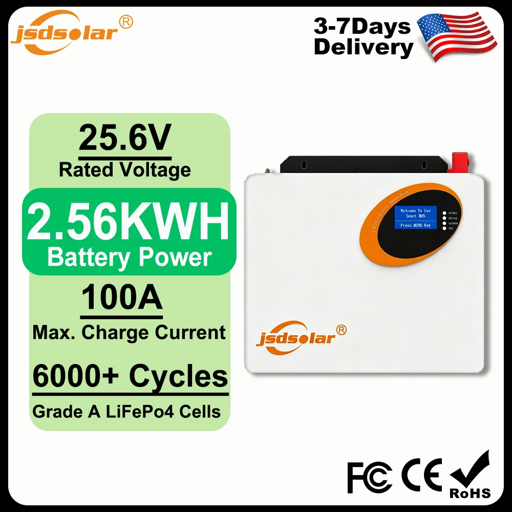 Jsdsolar 2.56KWH LiFePO4 Battery Pack 25.6V 100Ah BMS Lithium Battery Solar Battery Photovoltaic Storage System for Off-Grid RV Solar Grade A Cells 6000+ Cycles RS485 CAN No Tax US Warehouse