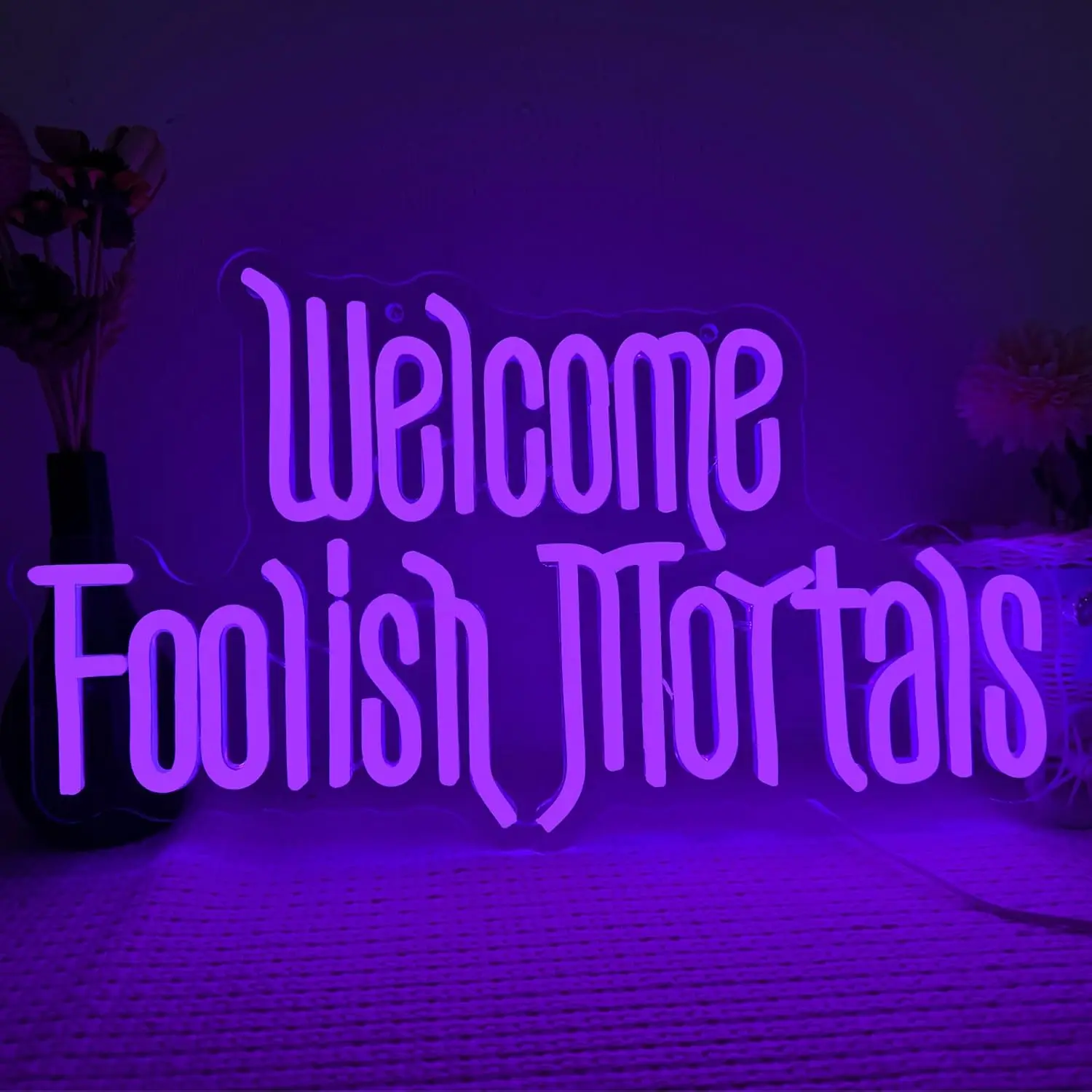 Welcome Foolish Mortals Neon Sign,Dimmable Spooky Gothic Purple Haunted Mansion Coffin LED Neon Signs for Wall Decor,USB Powered