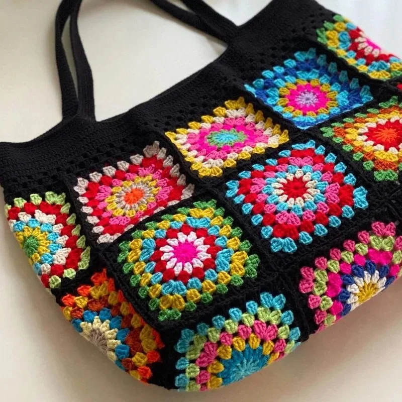 Black Granny Square Crochet Shoulder Bag for WOMEN Colorful Flowers Cute Handbag Unique Boho Ethnic Hollow Out Versatile Purse