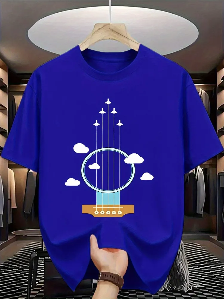 Mens Orange Loose Cotton Tee Creative Guitar Airplane Cloud Minimal Art Crew Neck Short Sleeve Music Casual Male Street Top