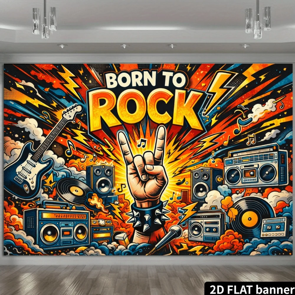 2D scene: Rock style theme "Born to Rock", vintage speaker set, and cloud and lightning decorations - view 3
