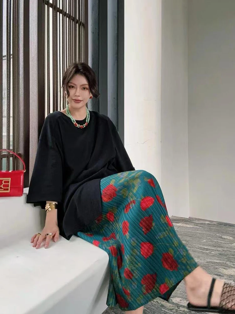 

Retro Print High Waist Midi Skirt Women's Slimming Pleated Summer Fashion Commute Style Straight Cut Polyester Fiber Skirt