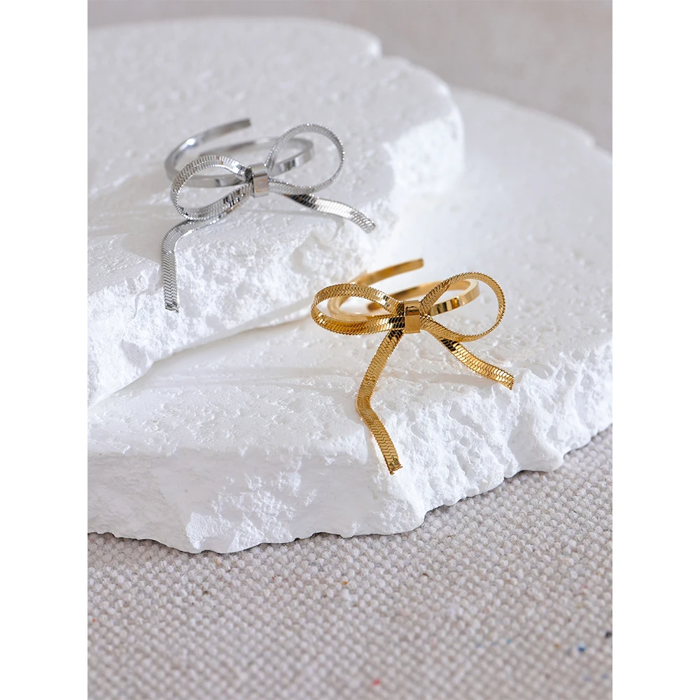 Yhpup Stylish Stainless Steel Bow Knot Adjustable Open Trendy Ring Women Charm Jewelry