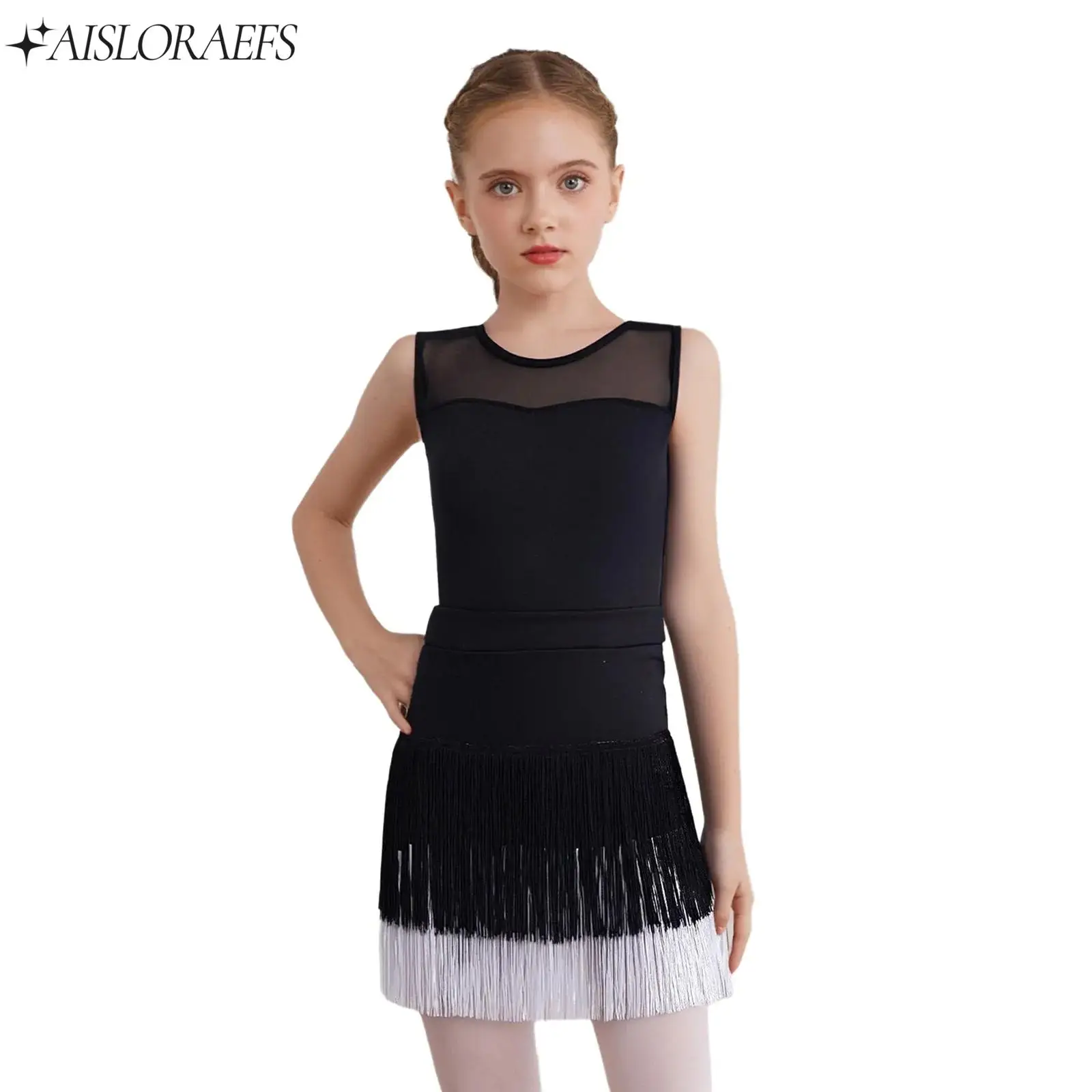 

Kids Girl Latin Cha-cha Dance Stage Performance Outfit Sleeveless Leotard+Tassel Skirt Set for Samba Rumba Tango Dance Costumes