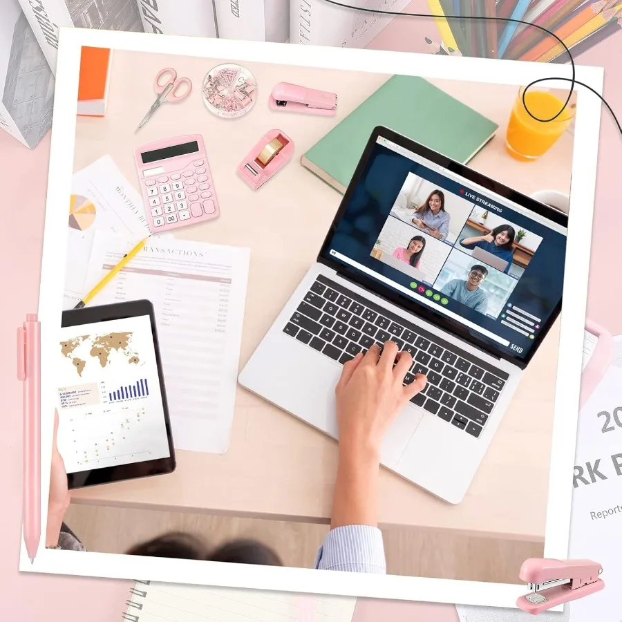 6 conjunto de acessórios de mesa kit material de escritório ilude bonito grampeador fita dispensador caneta esferográfica clipes de papel cauda longa cal