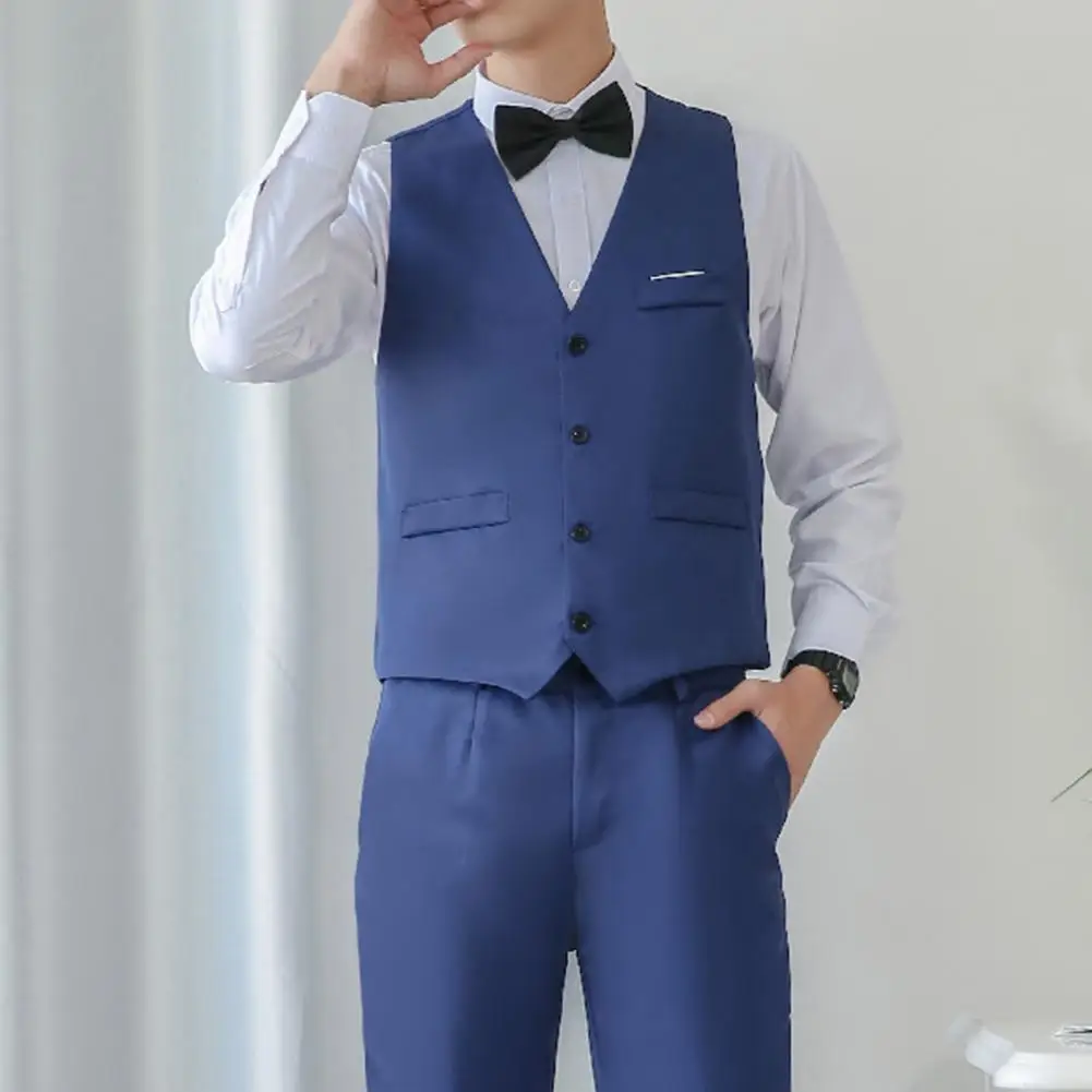 Business Suit Set 3-piece Men Casual Slim Fit Suit Vest Shirt Pants Set with Bow Tie Formal Wedding Solid Color Groom Suit Set