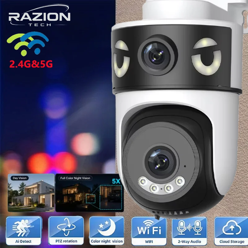 10MP Dual Lens Dual Screens 2.4G&5G Wifi Security Camera 5X Zoom Video Surveillance Night Vision Human Detection RZ380 Onvif Cam