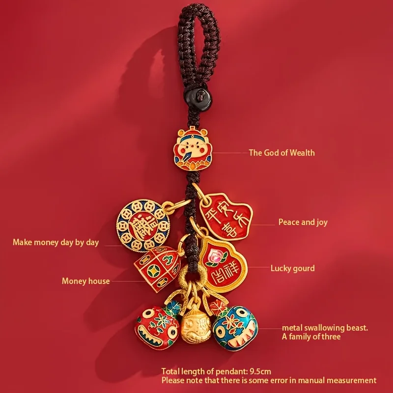 Chinese Lucky God of Wealth Keychain,Fortune Wealth Key Ring Charm, Handwoven Rope Bag Car Hanging Ornament, New Year Lucky Gift