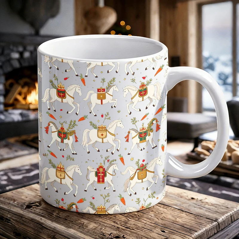

Coffee Cup Ceramic Cup Royal White Horses with Golden Crowns and Red Crests Majestic Equestrian IllustrationSt. Nicholas Day mug
