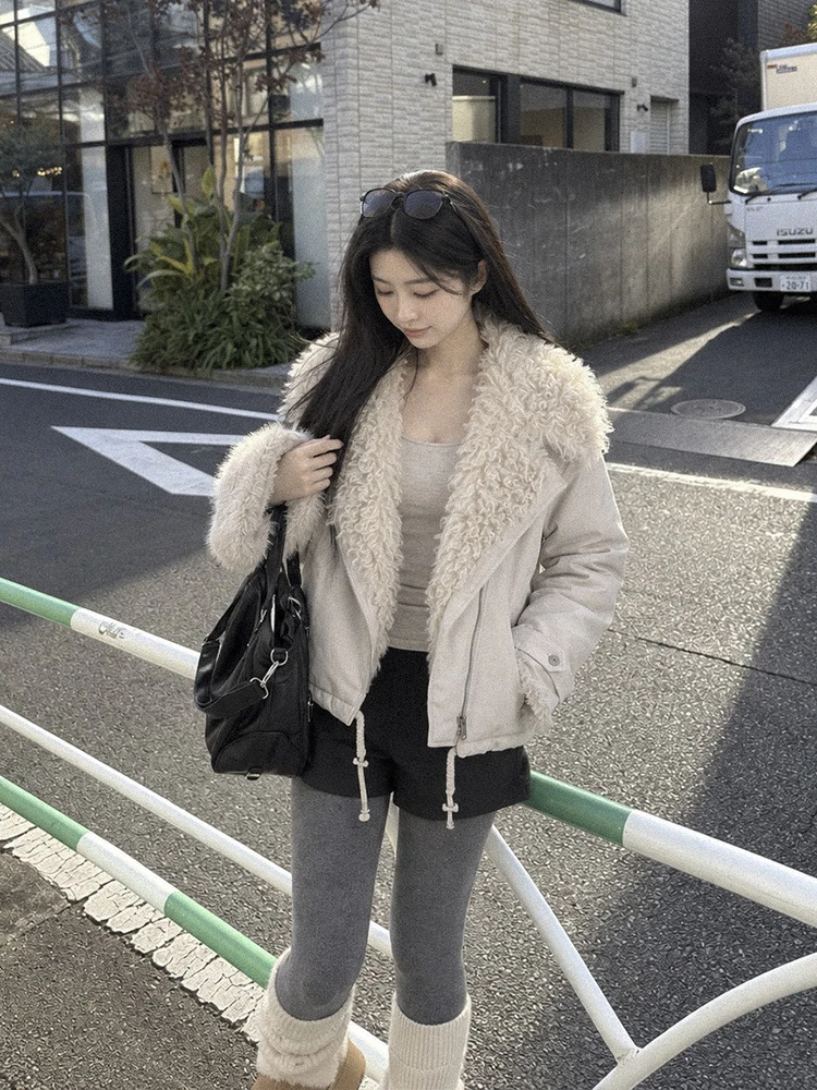 Winter Warm Diagonal Double Zipper Parker Jacket Female Short Lamb Wool Collar Down Jacket Women White Duck Down Thick Outwears