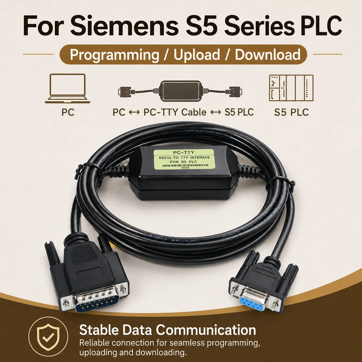 PC-TTY Programming Cable for Siemens S5 PLC 6ES5734-1BD20, DB9 Female to 25-Pin Male 5V Upload Download Data Cable