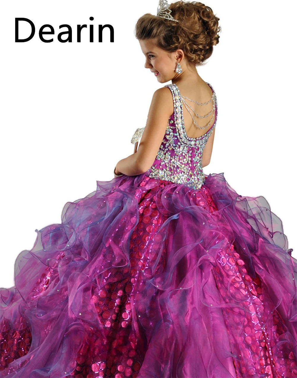 Vestido de menina flor personalizado Dearin ombro cinto linha A até o chão saias tule lantejoulas Es