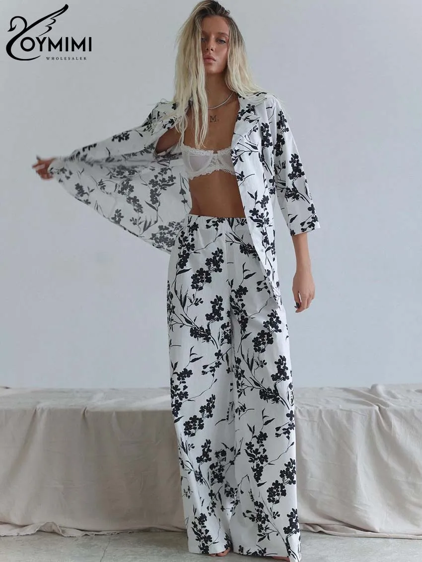 

Oymimi Casual White Print Sets For Women 2 Pieces Fashion Three Quarter Sleeve Button Shirts And High Waist Straight Pants Sets