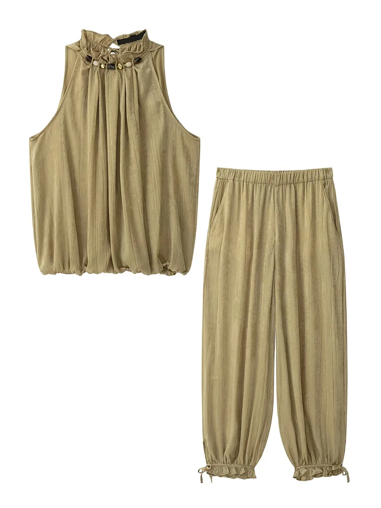 AACHOAE Women's Sleeveless Resort Two Piece Set Halter Neck Blouse Wide Leg Pants Beach Outfit Summer Matching Set Co Ord Set