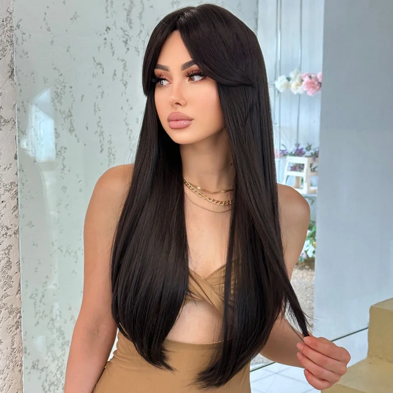Women's Fashionable Round-Faced Layered Black Wig with Long Straight Bangs and Matte Silk Hairpiece