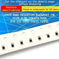 100 stuks 1% 0603 SMD-chipweerstand 0Ω ~ 10MΩ 0,39 2,2 10 100 200 470 910 1K 2,2K 10K 47K 100K 200K 240K 470K 910K 1M 2M 8,2M Ohm