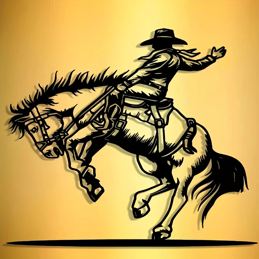 Western Cowboy Metal Wall Art - 2D Iron Horse Riding Knight Decor, Easy to Hang for Home Office Bar