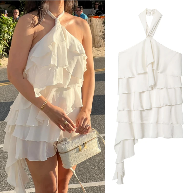 非対称ショートホルターネックレディースドレス新しい白いフリルバックレスノースリーブレイヤードチュールドレスエレガントなパーティービーチドレス