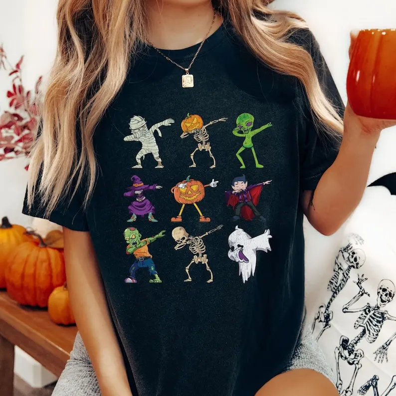 Dabbing Halloween T-Shirt Spooky Monsters and Skeletons Dabbing Print T Shirt Funny Graphic T Shirts Kawaii Clothes Cotton Tops