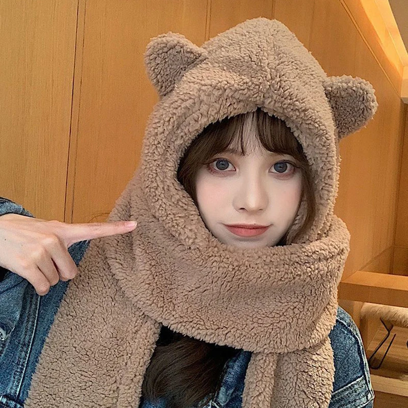 Winter Cute Bear Ear Hat Scarf Set for Women Novelty Beanies Casual Warm Plush Solid Bonnet Girls Fleece Thick Skull Cap Present