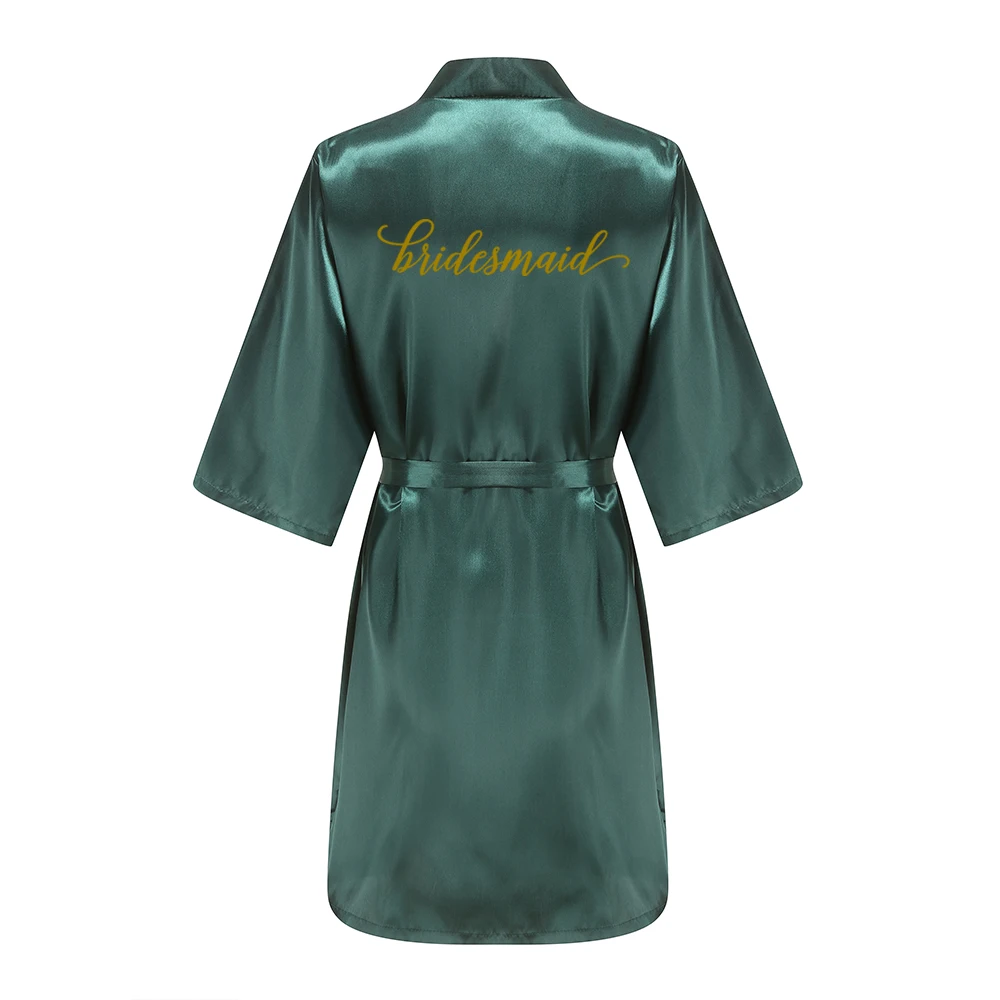 Green Wedding Party Team Bride Robe With Gold Letters Mother Maid of Honor Kimono Satin Pajamas Bridesmaid Bathrobe