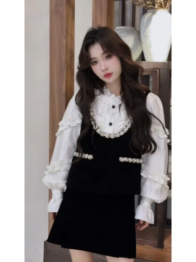 Koreański luksusowy komplet damski: luźna bluzka i spódnica, nowa kolekcja na wczesną jesień, elegancki dwuczęściowy zestaw, styl casual.