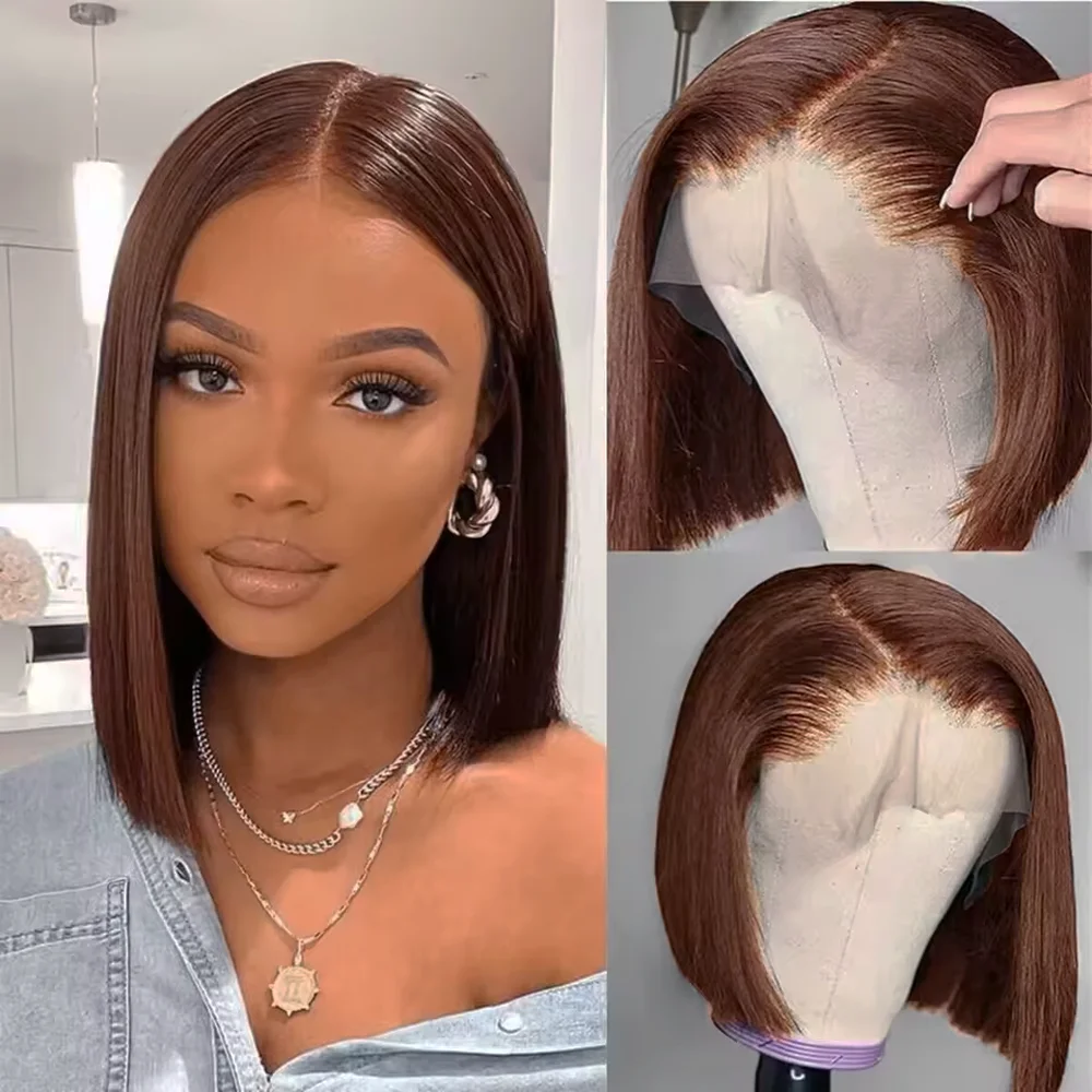 

Chocolate Brown Bob Wig 13x4 Lace Frontal Wigs 10 12 Inch Real Human Hair Brazilian Brown Colored Transparent Lace Front Wigs
