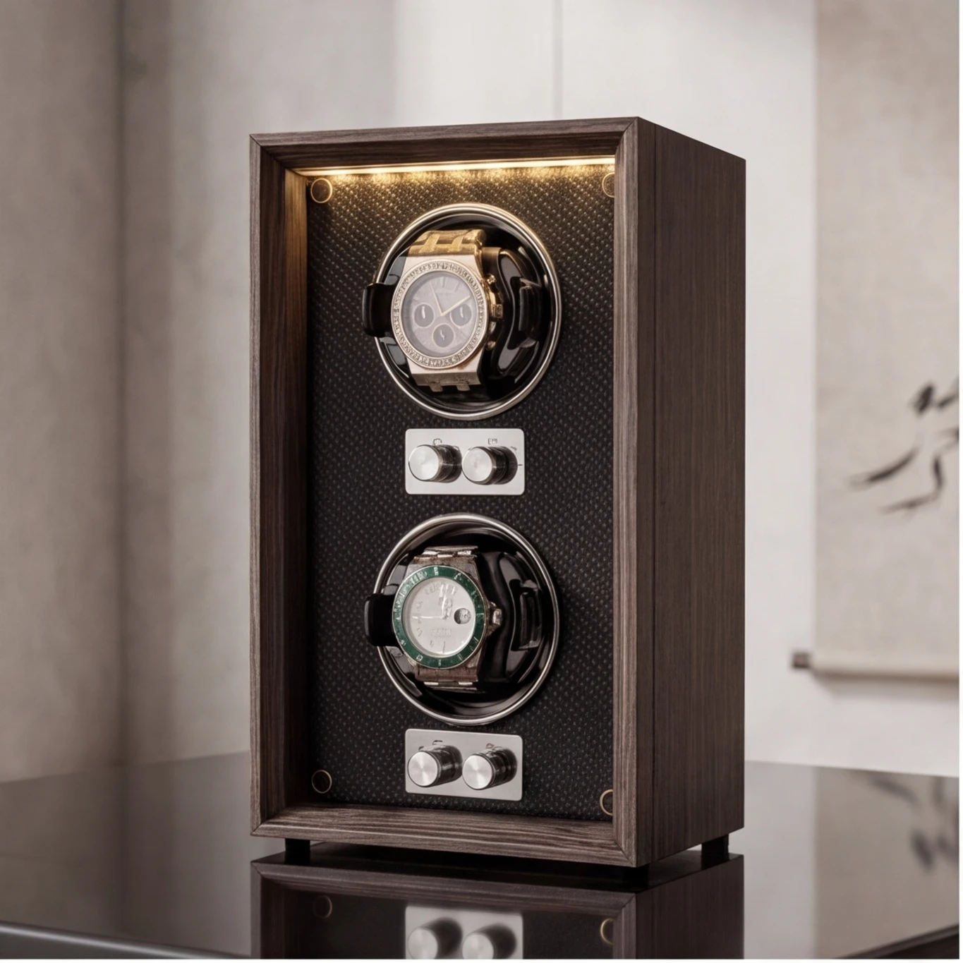 

Lorvo Wood Grain Watch Winder Dual Slot Ultra Quiet Mabuchi Motor Anti Magnetic LED Light Automatic Mechanical Watch Winder