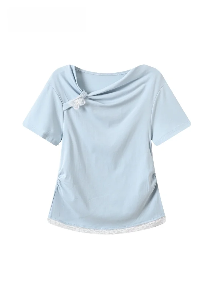 

plus Size Women's Short Sleeve T-Shirt Lace Patchwork Fashionable Diagonal Collar Top Cotton Spring Summer New Arrival