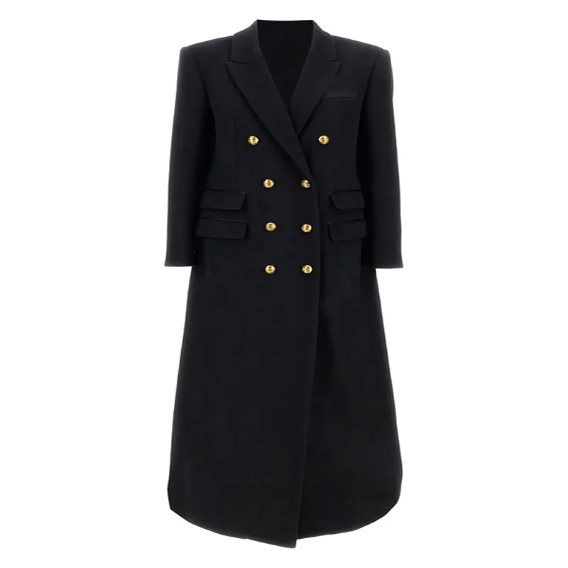 

New Winter Women Turn-Down Collar Long Sleeve Black Solid Wool Long Coat